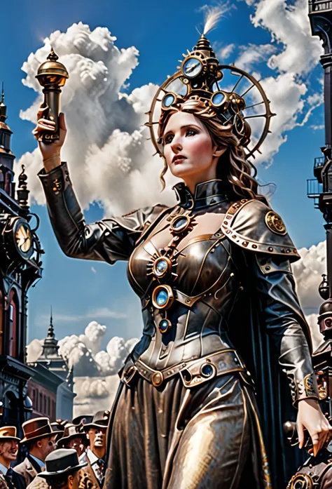 woman statue, super giant, worshiping crowds, scriptures shine in the sky, in steampunk style, super fine, 8k, masterful mechani...