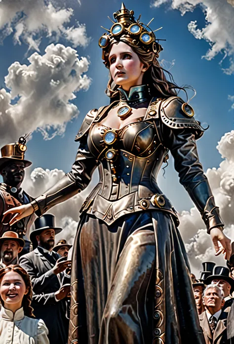 woman statue, super giant, worshiping crowds, scriptures shine in the sky, in steampunk style, super fine, 8k, masterful mechani...