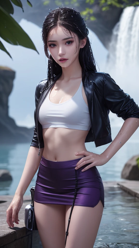 8k, masterpiece, 1 girl, beautiful face, very long hair, light makeup, (wet skin:1.3), detailed eyes, detailed lips, small bust, short jacket, wet purple vest, ((plain mini skirt)), ((under pants)), ((bare thigh)), straps clothing, (water falling:1.4), steam effect, water vapour,