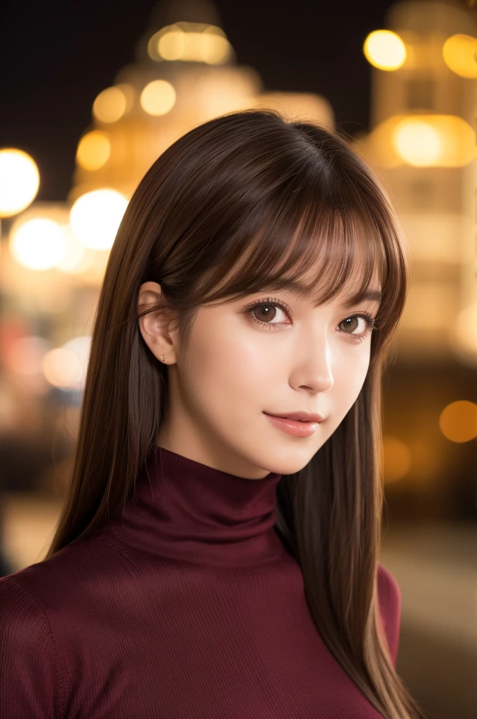 30 year old beauty, (Lightweight burgundy turtleneck sweater), RAW Photos, Highest quality, Realistic, Very delicate and beautiful, Very detailed, 8k wallpaper, High resolution, Soft Light, Very detailed目と顔, Beautiful and detailed nose, Fine and beautiful eyes, Cinema Lighting, City lights at night, Perfect Anatomy, Slender body, Shapely breasts, Straight hair, smile, Asymmetrical bangs, Light brown hair