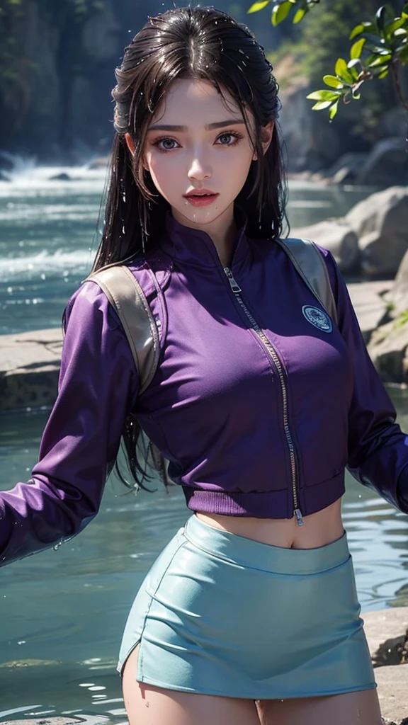 8k, masterpiece, 1 girl, beautiful face, very long hair, light makeup, (wet skin:1.3), detailed eyes, detailed lips, small bust, short jacket, wet purple vest, ((plain mini skirt)), ((under pants)), ((bare thigh)), straps clothing, (water falling:1.4), steam effect, water vapour,