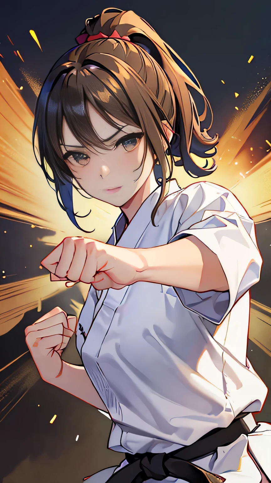 ((best quality)), ((masterpiece)), (detailed face and eyes), detailed hands and fingers, perfect face, accurate, textured skin, high details, Sharp focus A beautiful woman, Slim abdomen, Karateka, karate uniform, black hair, ponytail, (Straight punch:1.3), (Clenched fist), thrust her fist forward, loud voice, muscular, Shining sweat, (at karate dojo), Shockwave, explosion, sonic wave