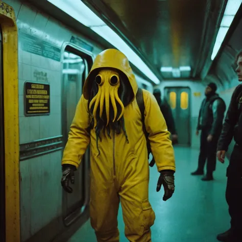 Horror-themed,  In an ancient and mysterious subway a person wearing a yellow helmet with yellow spikes on it carcosa city style...