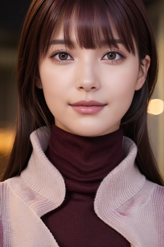 30 year old beauty, (burgundy turtleneck sweater:1.4), RAW Photos, Highest quality, Realistic, Very delicate and beautiful, Very detailed, 8k wallpaper, High resolution, Soft Light, Very detailed目と顔, Beautiful and detailed nose, Fine and beautiful eyes, Cinema Lighting, City lights at night, Perfect Anatomy, Slender body, Shapely breasts, Straight hair, smile, Asymmetrical bangs, Black Hair