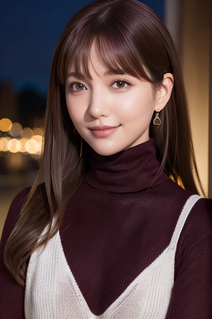 30 year old beauty, (burgundy turtleneck sweater:1.4), RAW Photos, Highest quality, Realistic, Very delicate and beautiful, Very detailed, 8k wallpaper, High resolution, Soft Light, Very detailed目と顔, Beautiful and detailed nose, Fine and beautiful eyes, Cinema Lighting, City lights at night, Perfect Anatomy, Slender body, Shapely breasts, Straight hair, smile, Asymmetrical bangs, Black Hair