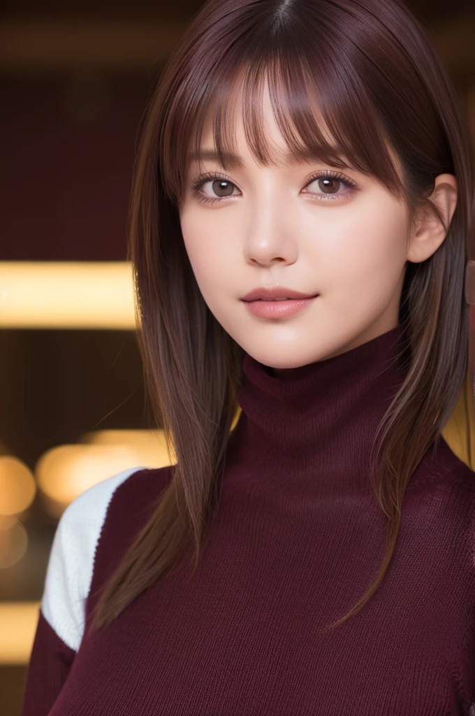 30 year old beauty, (burgundy turtleneck sweater:1.4), RAW Photos, Highest quality, Realistic, Very delicate and beautiful, Very detailed, 8k wallpaper, High resolution, Soft Light, Very detailed目と顔, Beautiful and detailed nose, Fine and beautiful eyes, Cinema Lighting, City lights at night, Perfect Anatomy, Slender body, Shapely breasts, Straight hair, smile, Asymmetrical bangs, Black Hair