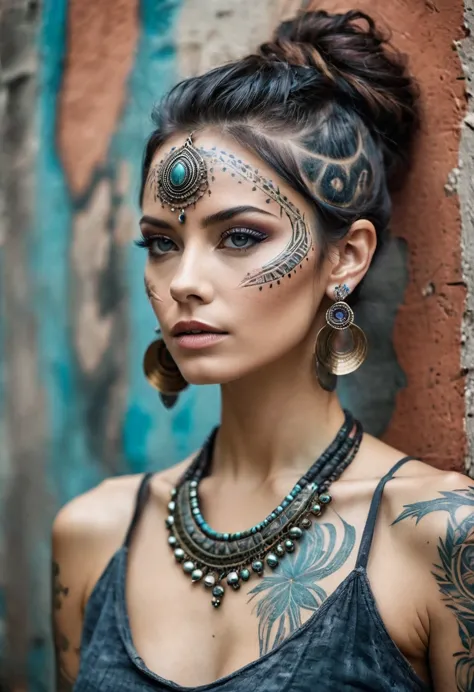 Beautiful woman, thin, Tribal meets bohemian, Tattoo, Earrings, Bohemian Jewelry, Modern, Textured peeling wall for background, ...