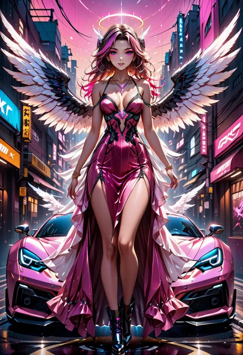 arafed a picture of a mech cyberpunk female angel standing in at the street at night near her sports car, night, an  exquisite b...