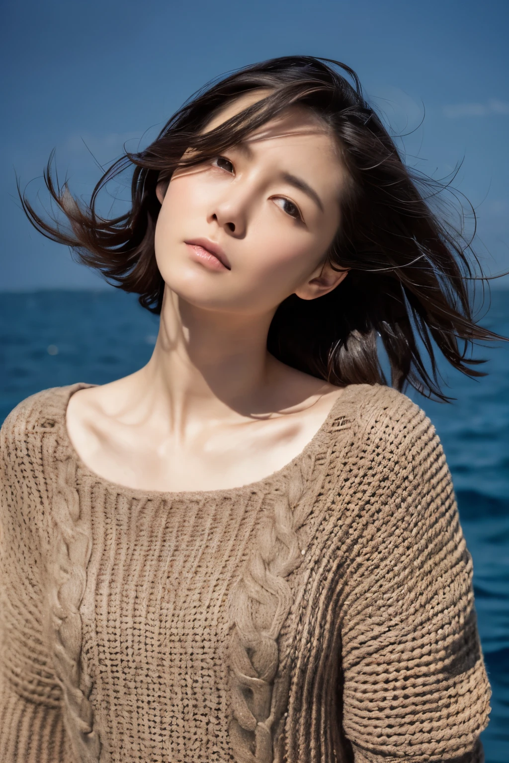 (knitwear), (top-quality, masterpiece:1.3, Super high resolution), (Photorealsitic:1.4, RAW shooting), Ultra-realistic capture, A highly detailed, high-definition 16K for human skin, Wistful, A skinny Japanese woman, 30 years old, cute face, ((Sadness face)), detailed face, detailed eyes, ((correct anatomy)), A dark-haired, Middle hair, ((Background of the sea in a starry night)), (((looking up afar at starry sky))), hair blowing in the wind