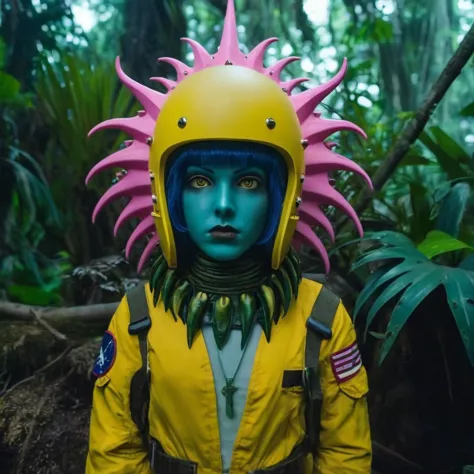 Horror-themed,  In an ancient and mysterious tropical jungle a person wearing a yellow helmet with pink dark spikes on it carcos...