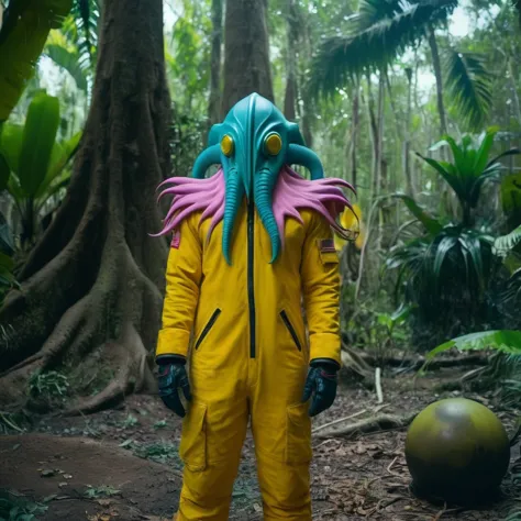 Horror-themed,  In an ancient and mysterious tropical jungle a person wearing a yellow helmet with pink dark spikes on it carcos...