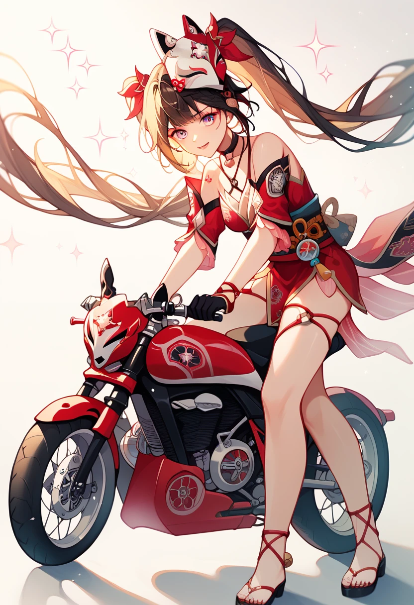 score_9, score_8_up, score_7_up, absurdres, 1girl, sparkle, mask on head, choker, single glove, bracelet, thigh strap, riding superbike, yamaha, sportbike, motorcycle