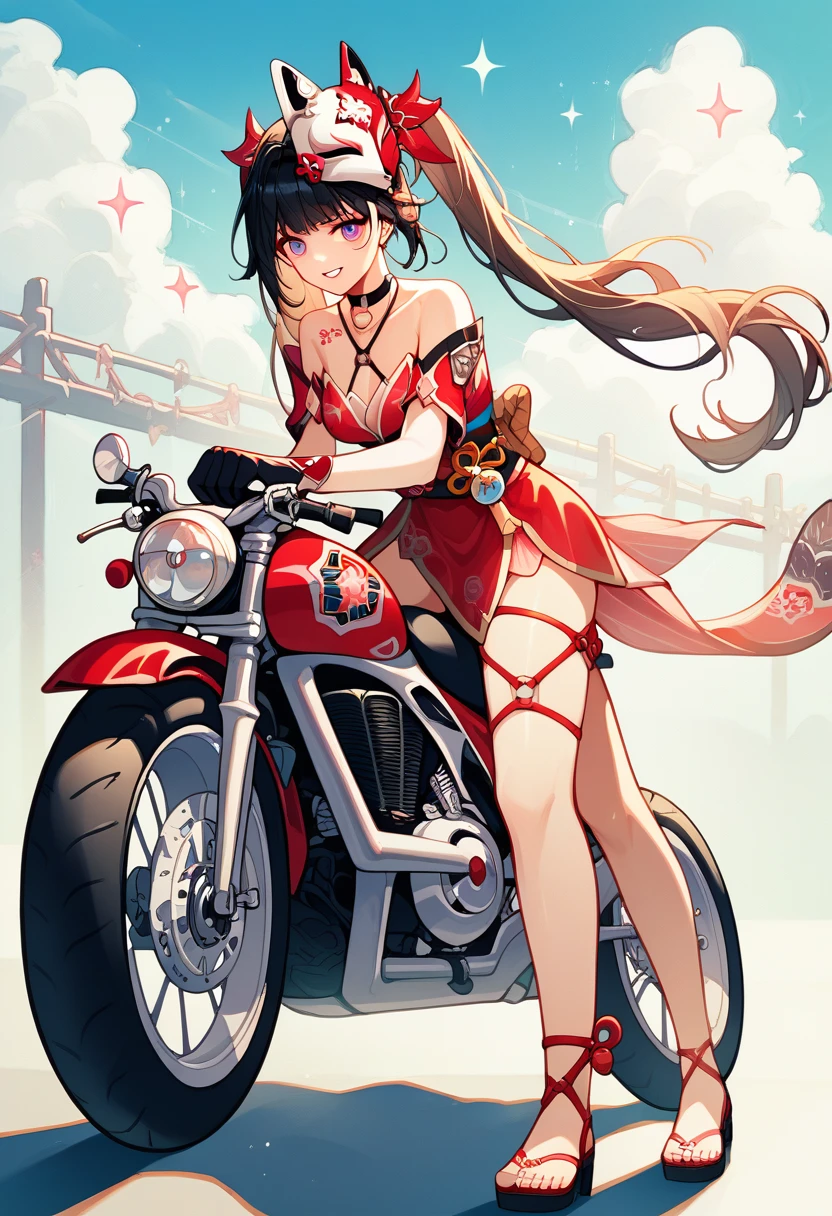 score_9, score_8_up, score_7_up, absurdres, 1girl, sparkle, mask on head, choker, single glove, bracelet, thigh strap, riding superbike, yamaha, sportbike, motorcycle