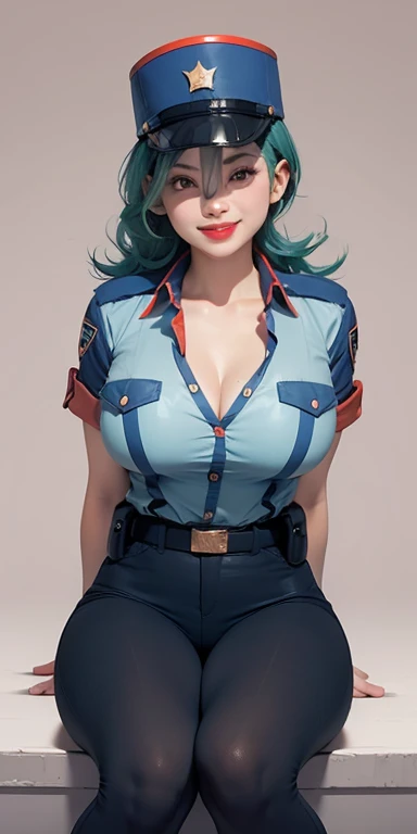 Jenny Elf, Beautiful policewoman, sit, Perfect legs, ((Put your hands behind your back)), Unbutton your shirt, plump, Huge rift, Lipstick, Smile, cap, ((Solid color background:1.3))