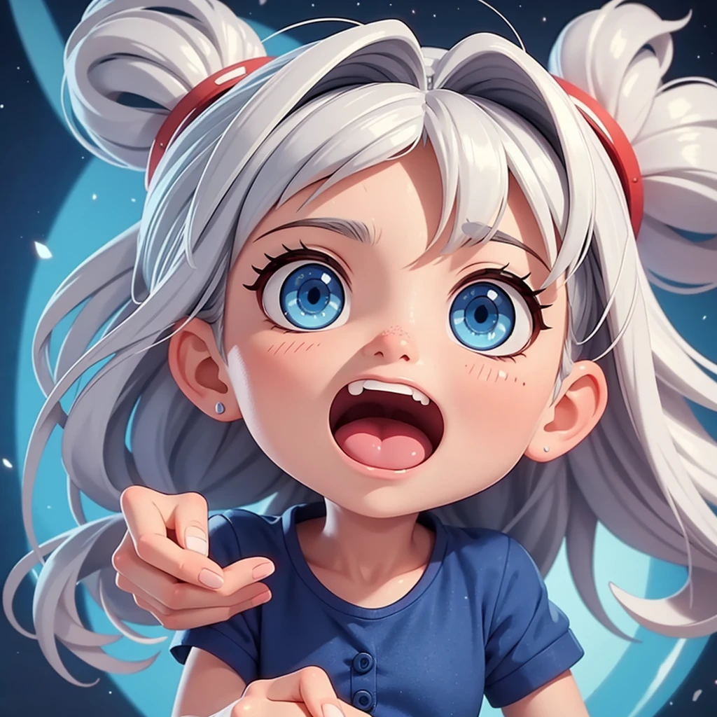 Masterpiece, best quality, chibi style, 1 girl, close-up of face, silver hair, blue eyes, Munch's Scream, hands on cheeks, emoji style