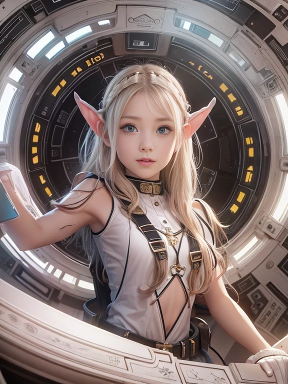 masterpiece, Highest quality, Highly detailed CG Unity 8k wallpaper,((so beautiful８Year old Nordic girl, whole body)), ((Bedroom inside the spaceship)), Elegant long wavy blonde hair, ((Small breasts, Pink nipples, Self-illuminating skin)), ((A revealing black-on-white military uniform, Geometric Circlet)), (((Long pointed ears))), (Sweaty and wet white skin), (blush), , (Captivating smile), (Perfectly symmetrical and cute face), Detailed eyes, Key Art, intricate detail realism hdr, Photorealism, Hyperrealism, Ultra-realistic, Dramatic Light, Strong Shadows, Nice views, Depth of written boundary