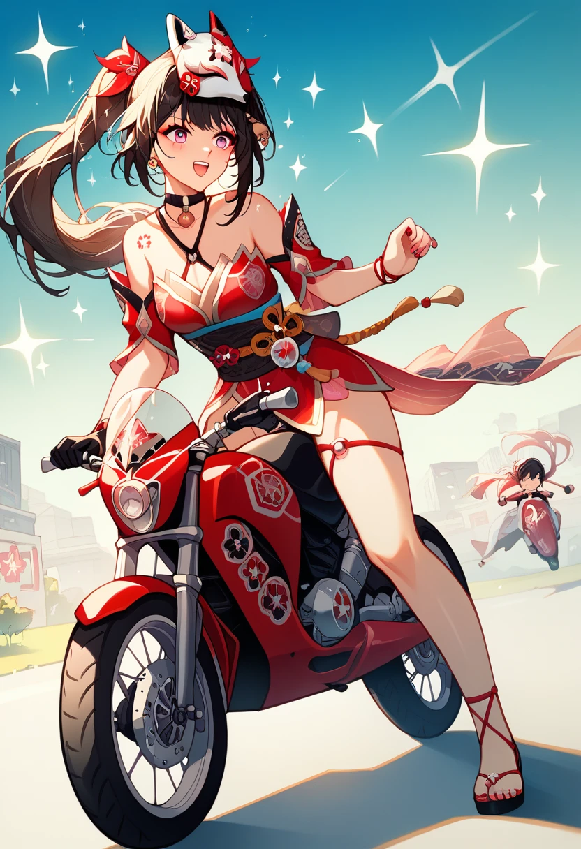 score_9, score_8_up, score_7_up, absurdres, 1girl, sparkle, mask on head, choker, single glove, bracelet, thigh strap, riding superbike, yamaha, sportbike, motorcycle, full fairing bike