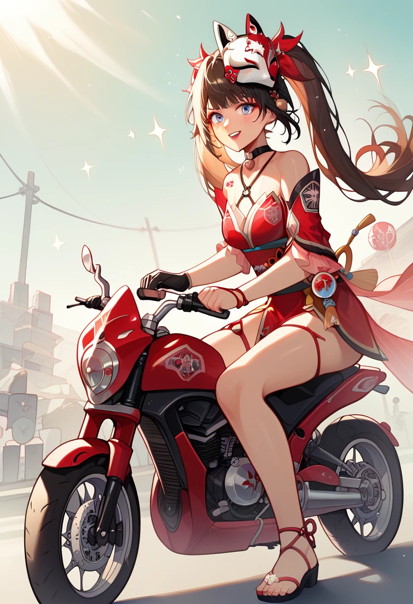 score_9, score_8_up, score_7_up, absurdres, 1girl, sparkle, mask on head, choker, single glove, bracelet, thigh strap, riding superbike, yamaha, sportbike, motorcycle, full fairing bike