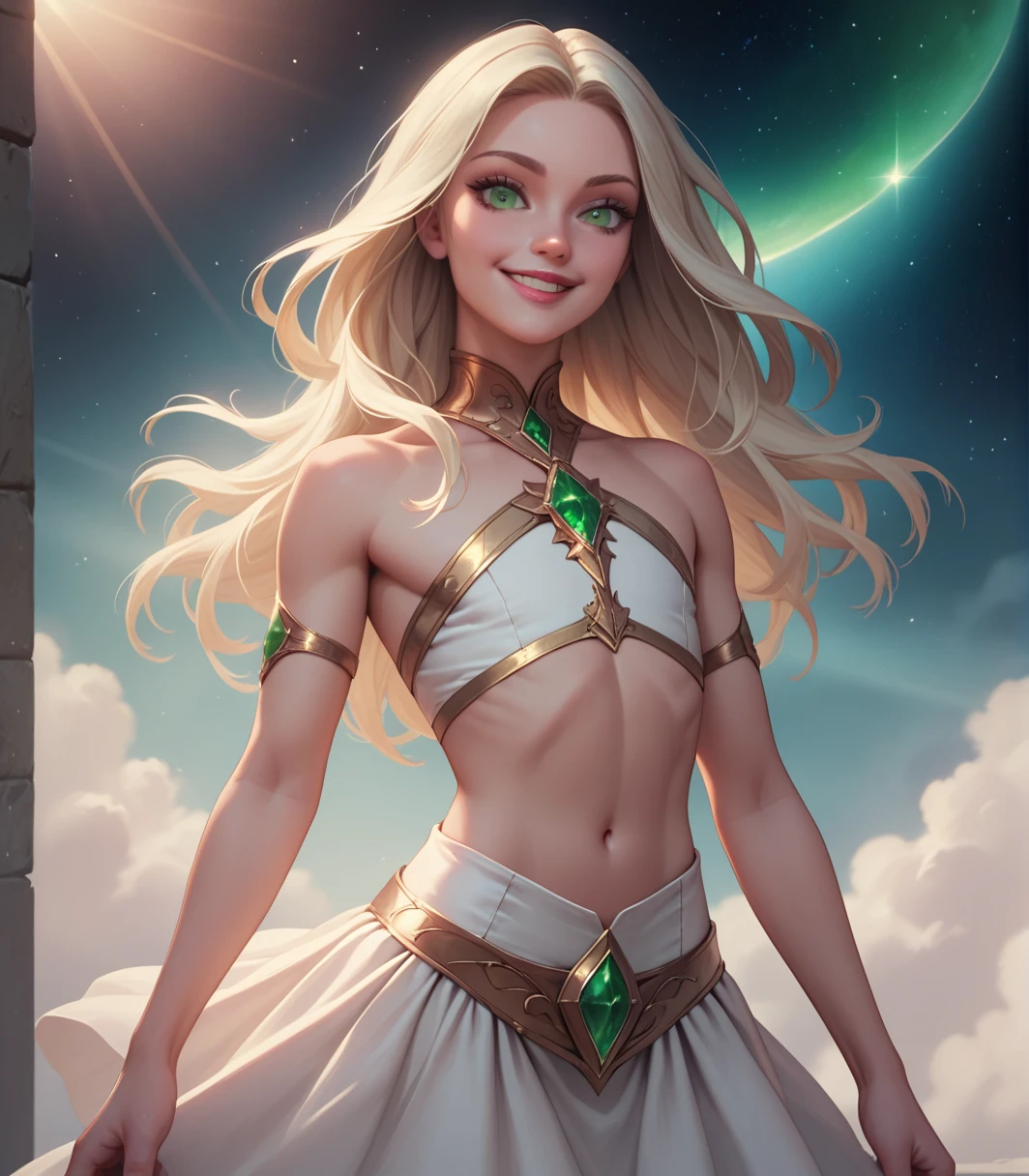 masterpiece, best quality, very aesthetic, absurdres,1boy, male_focus, detailed_eyes (gnns:0.25), iron_chestplate, white plated skirt, midriff, blonde_white hair gradient, dsmile, ((flat chest)), ((green eyes)), slender, divine, detailed_eyes, long_eyelashes, pink_lips, glossy lips, narrow_waist, wide_hips, seductive, flirtatious, iridescent volumetric light, god rays, heavenly, cosmic, celestial