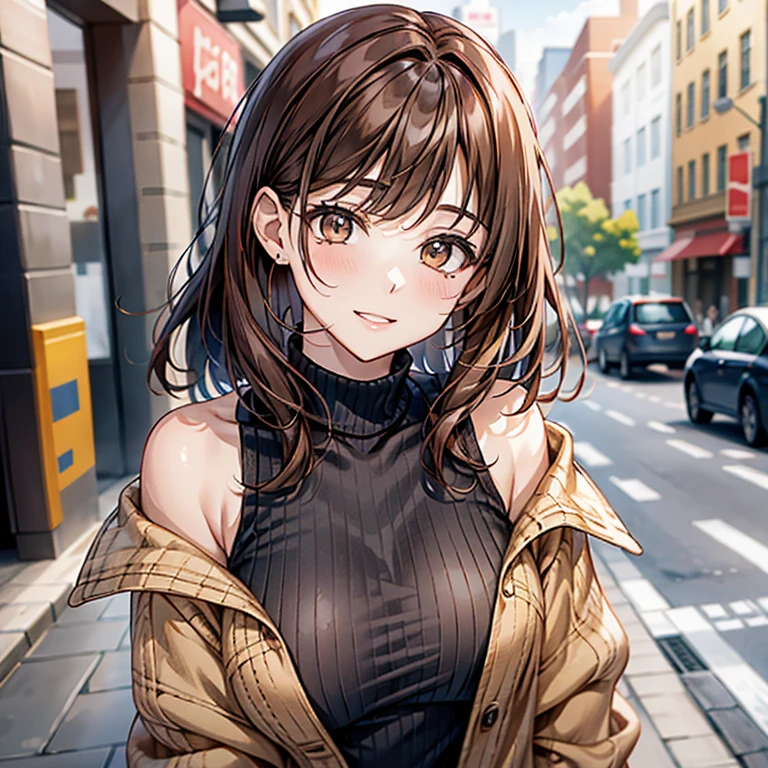 masterpiece, Highest quality, One girl, Brown Hair、Brown Hair、All of my hair is brown、Medium Hair、Brown inner color、From the waist up、Sleeveless sweater、Wearing a jacket、Parting her bangs、smile、Slanted Eyes,Mole under the right eye、Very sexy