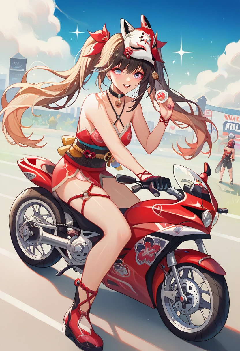 score_9, score_8_up, score_7_up, absurdres, 1girl, sparkle, mask on head, choker, single glove, bracelet, thigh strap, riding superbike, yamaha, sportbike, motorcycle, full fairing bike, Yamaha r15, yamaha r25, yamaha r1