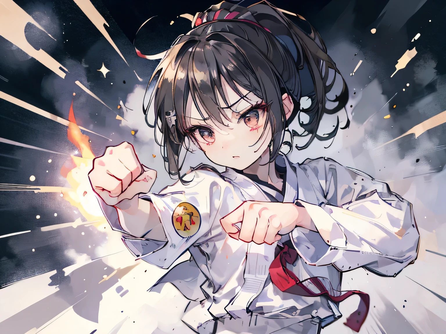 ((best quality)), ((masterpiece)), (detailed face and eyes), detailed hands and fingers, perfect face, accurate, textured skin, high details, Sharp focus A beautiful woman, Slim abdomen, Karateka, karate uniform, karate girl, high school student, black hair, ponytail, (Straight punch:1.3), (Clenched fist), thrust her fist forward, loud voice, muscular, Shining sweat, (at karate dojo), Shockwave, explosion, sonic wave