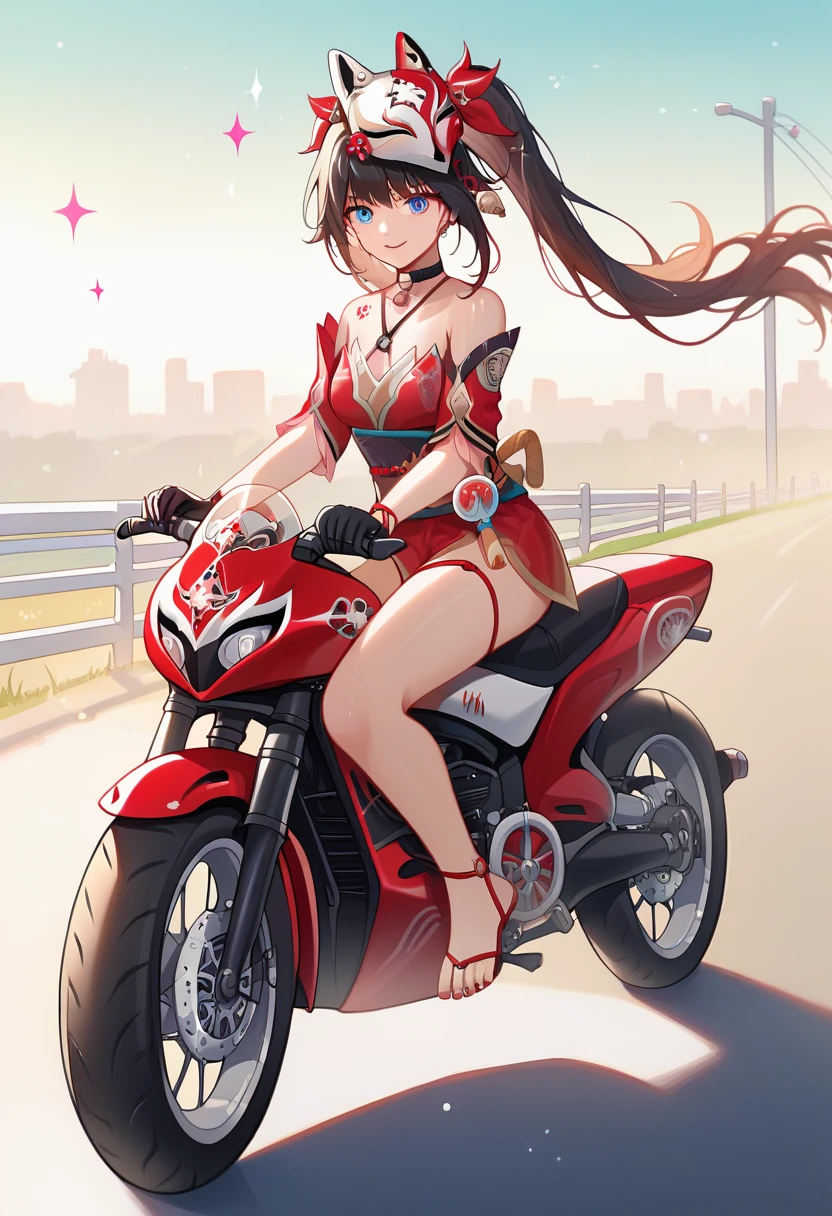 score_9, score_8_up, score_7_up, absurdres, 1girl, teen girl, sparkle, mask on head, choker, single glove, bracelet, thigh strap, riding superbike, yamaha, sportbike, motorcycle, full fairing bike, Yamaha r15, yamaha r25, yamaha r1