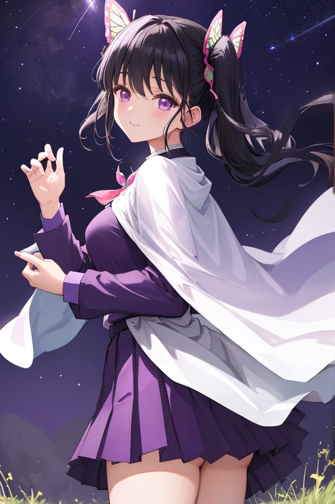 (masterpiece:1.3), (best quality:1.1), (8k, ultra detailed, ultra high res:1.2), ((anime style)), perfect 5 fingers, perfect anatomy, 
1girl,
Kanao Tsuyuri, 
BREAK long hair, side ponytail, 
black hair, 
purple eyes, (empty eyes:1.3), 
butterfly hair ornament, 
(medium breasts:0.9),  
BREAK (purple shirt, pleated purple skirt, long sleeve, white cape:1.2), 
smile, 
looking at viewer, looking back, 
cowboy shot, 
perfect light, 
waving, outdoors, forest, field, night, night sky, starry sky,