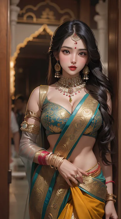 (((Full and soft breasts,)))(((Huge breasts))) (((Cleavage))) (Perfect curvy figure),A woman in a sari poses for a photo, India ...