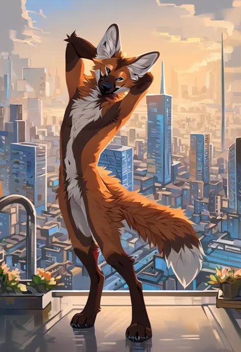 Solo, male, furry art, maned_wolf, fursona, ((canine)), (((brown primary fur))), white secondary, (perky ears), cool pose, city ...