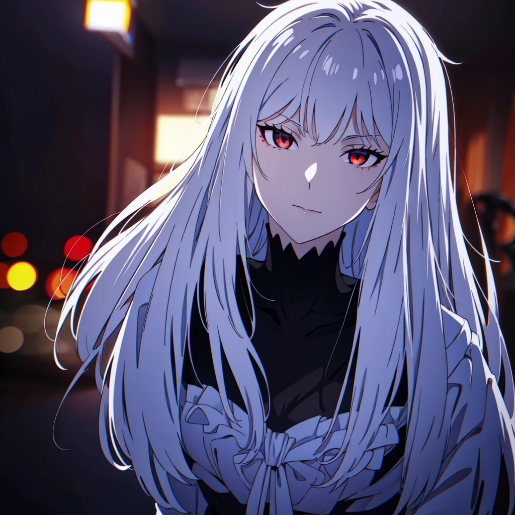 a white-haired, red-eyed demon female with fair skin, wearing a black dress, medium-chested, full body photo, masterpiece, best quality, 4k, 8k, highres, ultra-detailed, realistic, photorealistic, photo-realistic, HDR, UHD, studio lighting, ultra-fine painting, sharp focus, physically-based rendering, extreme detail description, professional, vivid colors, bokeh