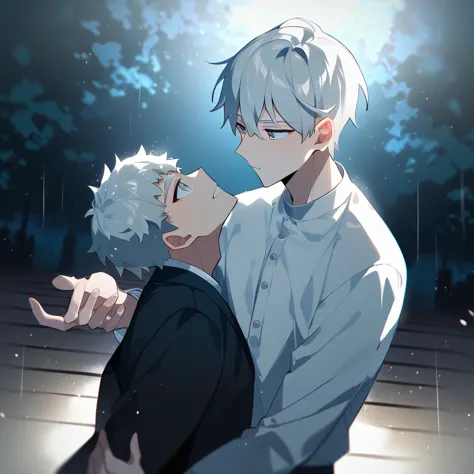 1 young, focus man , yaoi, dance, look elsewhere, stationary face, student, short hair, silver white hair, gray eyes,rain, dark,...