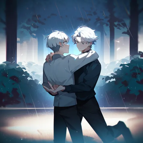 1 young, focus man , yaoi, dance, look elsewhere, stationary face, student, short hair, silver white hair, gray eyes,rain, dark,...