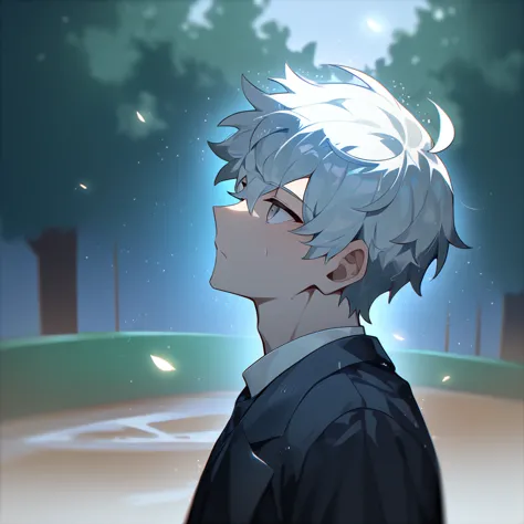 1 young, focus man , yaoi, dance, look elsewhere, stationary face, student, short hair, silver white hair, gray eyes,rain, dark,...