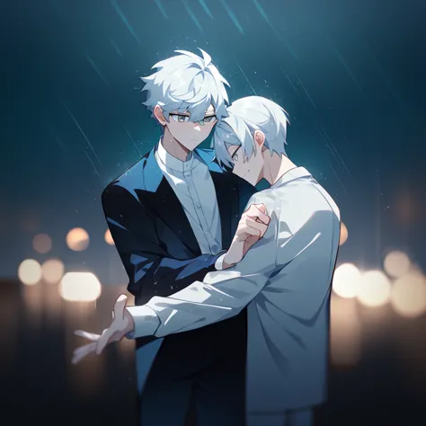 1 young, focus man , yaoi, dance, look elsewhere, stationary face, student, short hair, silver white hair, gray eyes,rain, dark,...