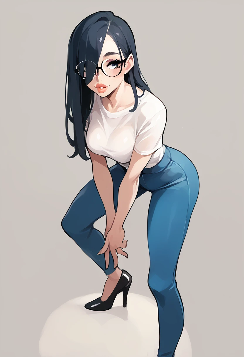 score_9, score_8_up, score_7_up, score_6_up, detailed art of a woman, pale, smooth skin, hair over both eyes, long straight black hair, full lips, slender physique, white office shirt, glasses, blue pants, black heels,
