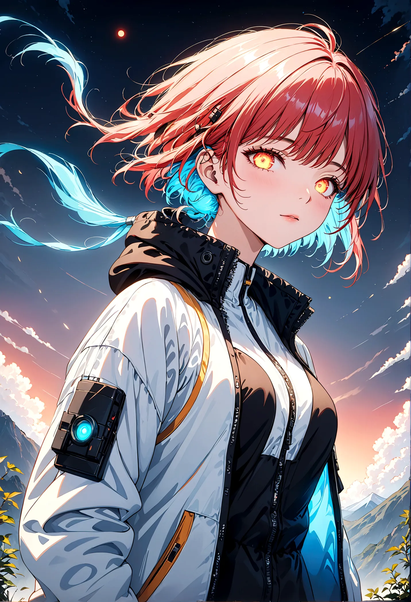 glowing eyes, colourful glowing hair, wearing sci-fi jacket, anime style, high detail, futurism, glowing light, uhd, retina, mas...