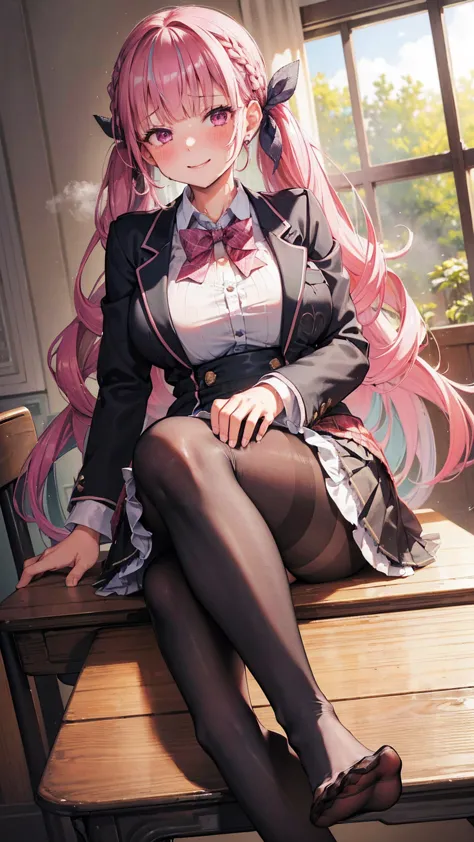 ((masterpiece)), ((Highest quality)), ((Very detailed)), One girl, Long Hair, classroom, Feet Focus, Sit on a chair, Big Breasts...