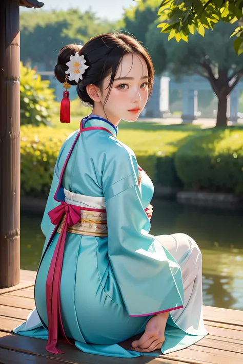 1girl.solo,hanfu,chinese clothing,(backside:1.2),photograph, masterpiece, photo realism,best quality, super high resolution, raw...