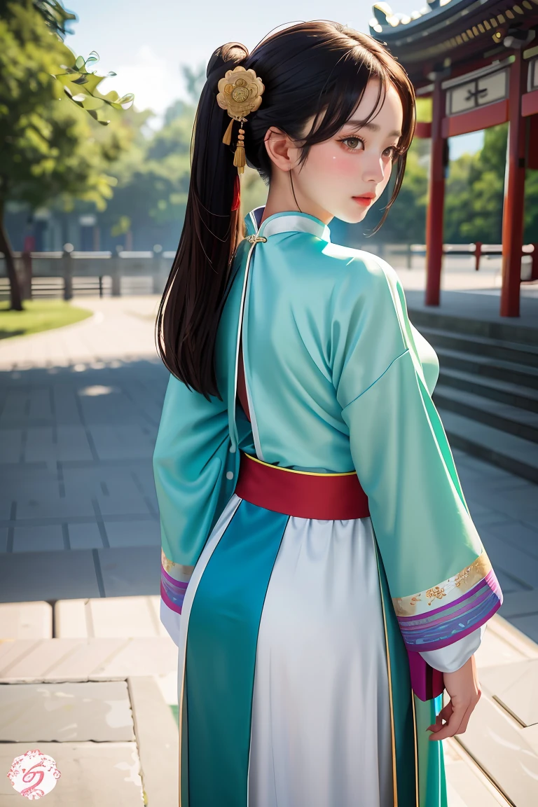 1girl.solo,hanfu,chinese clothing,(backside:1.2),photograph, masterpiece, photo realism,best quality, super high resolution, raw photo, photo shoot, professional, amazing detail, colorful, surrealism, masterpiece, best quality, HDR, viewpoint, highest quality, Sharp Focus, Digital Art Rendering, 8K,