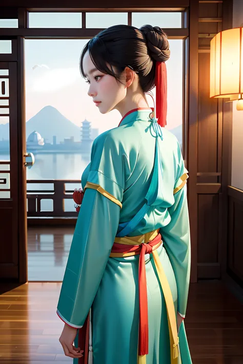 1girl.solo,hanfu,chinese clothing,(backside:1.2),photograph, masterpiece, photo realism,best quality, super high resolution, raw...