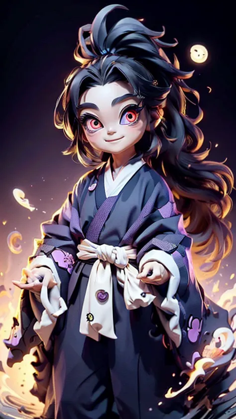 cute、Mini character、Fantasy、Smiling、Rainbow Eyes、Flying happily、Long Hair、ponytail、Six Eyes、Dark kimono and hakama、Eyes６There ar...