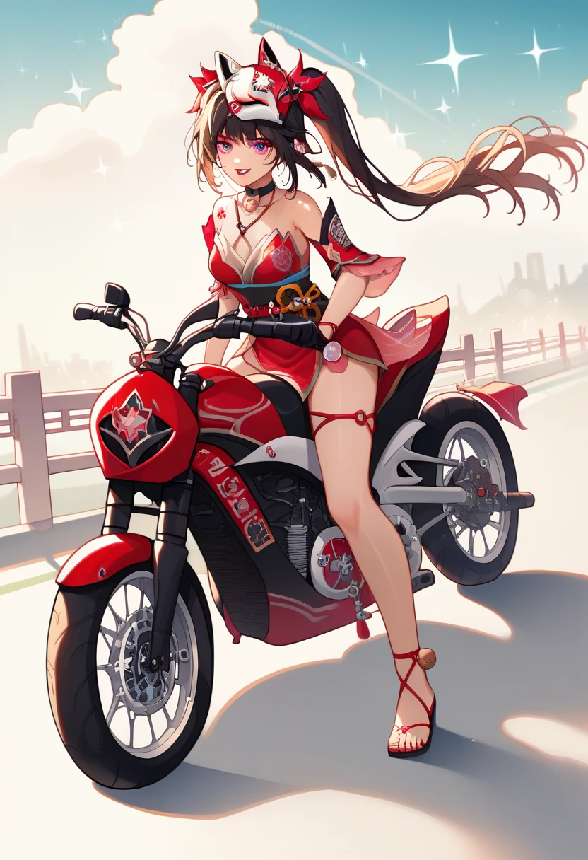 score_9, score_8_up, score_7_up, absurdres, 1girl, teen girl, sparkle, mask on head, choker, single glove, bracelet, thigh strap, riding superbike, yamaha, sportbike, motorcycle, riding, full fairing bike, Yamaha r15, yamaha r25, yamaha r1