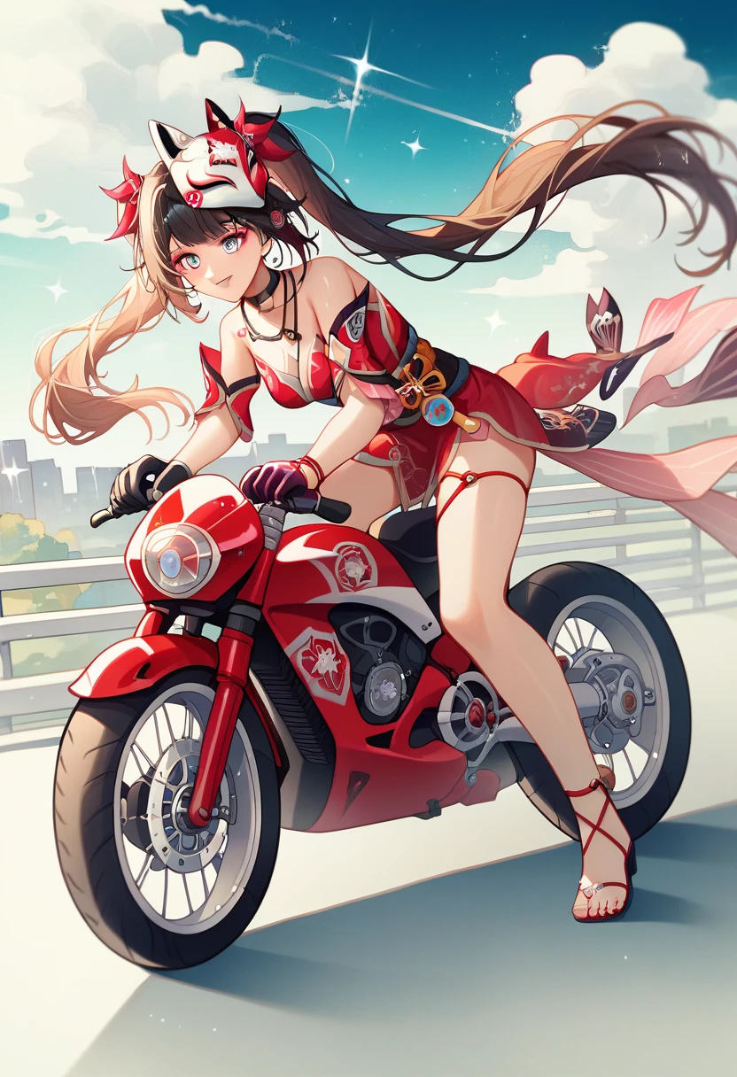 score_9, score_8_up, score_7_up, absurdres, 1girl, teen girl, sparkle, mask on head, choker, single glove, bracelet, thigh strap, riding superbike, yamaha, sportbike, motorcycle, riding, full fairing bike, Yamaha r15, yamaha r25, yamaha r1