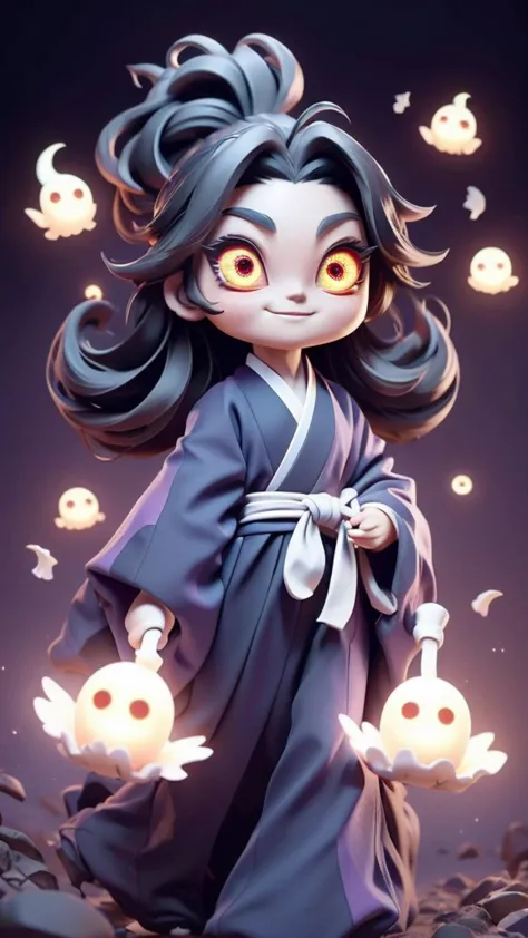 cute、Mini character、Fantasy、Smiling、Rainbow Eyes、Flying happily、Long Hair、ponytail、Six Eyes、Dark kimono and hakama、Eyes６There ar...