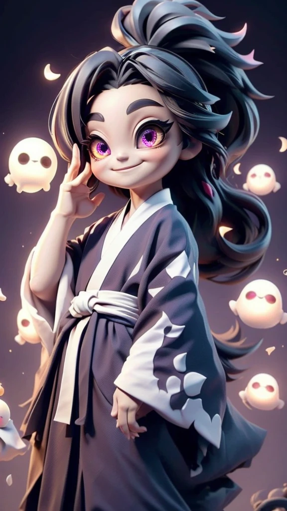 cute、Mini character、Fantasy、Smiling、Rainbow Eyes、Flying happily、Long Hair、ponytail、Six Eyes、Dark kimono and hakama、Eyes６There are、Ghost
