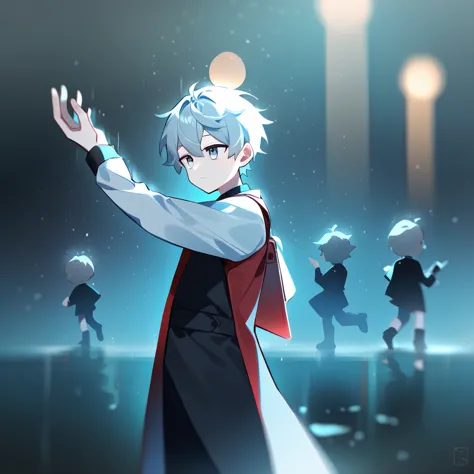 1 young, focus man , dancing in the rain, look elsewhere, stationary face, student, short hair, silver white hair, gray eyes,rai...