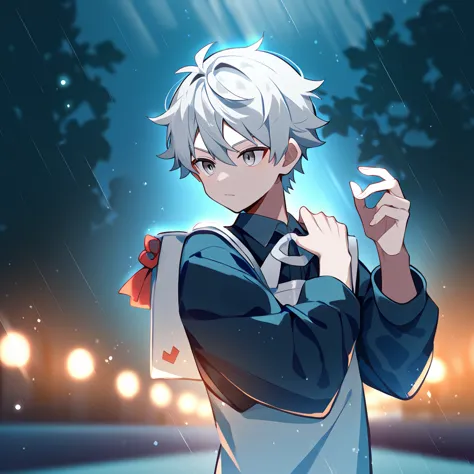 1 young, focus man , dancing in the rain, look elsewhere, stationary face, student, short hair, silver white hair, gray eyes,rai...