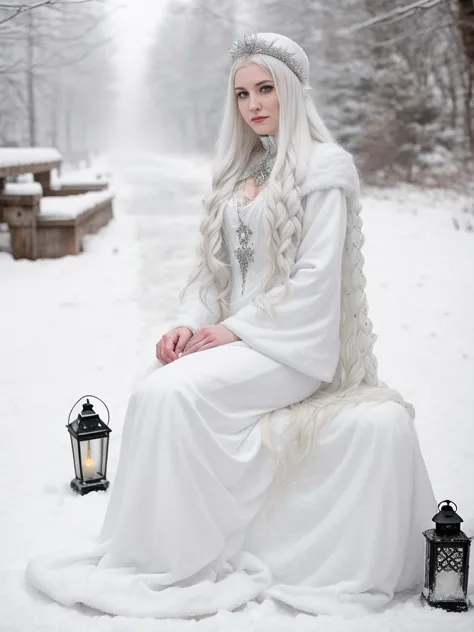 arafied woman in white dress sitting on snow with lantern, inspired by anne stokes, in the snow, girl under lantern, in style of...