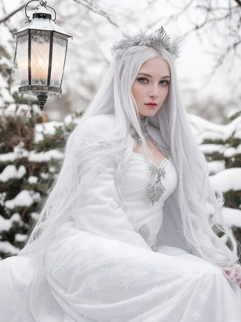 arafied woman in white dress sitting on snow with lantern, inspired by anne stokes, in the snow, girl under lantern, in style of...